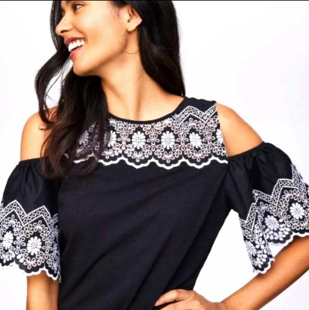 Loft black cold shoulder embroidered top
